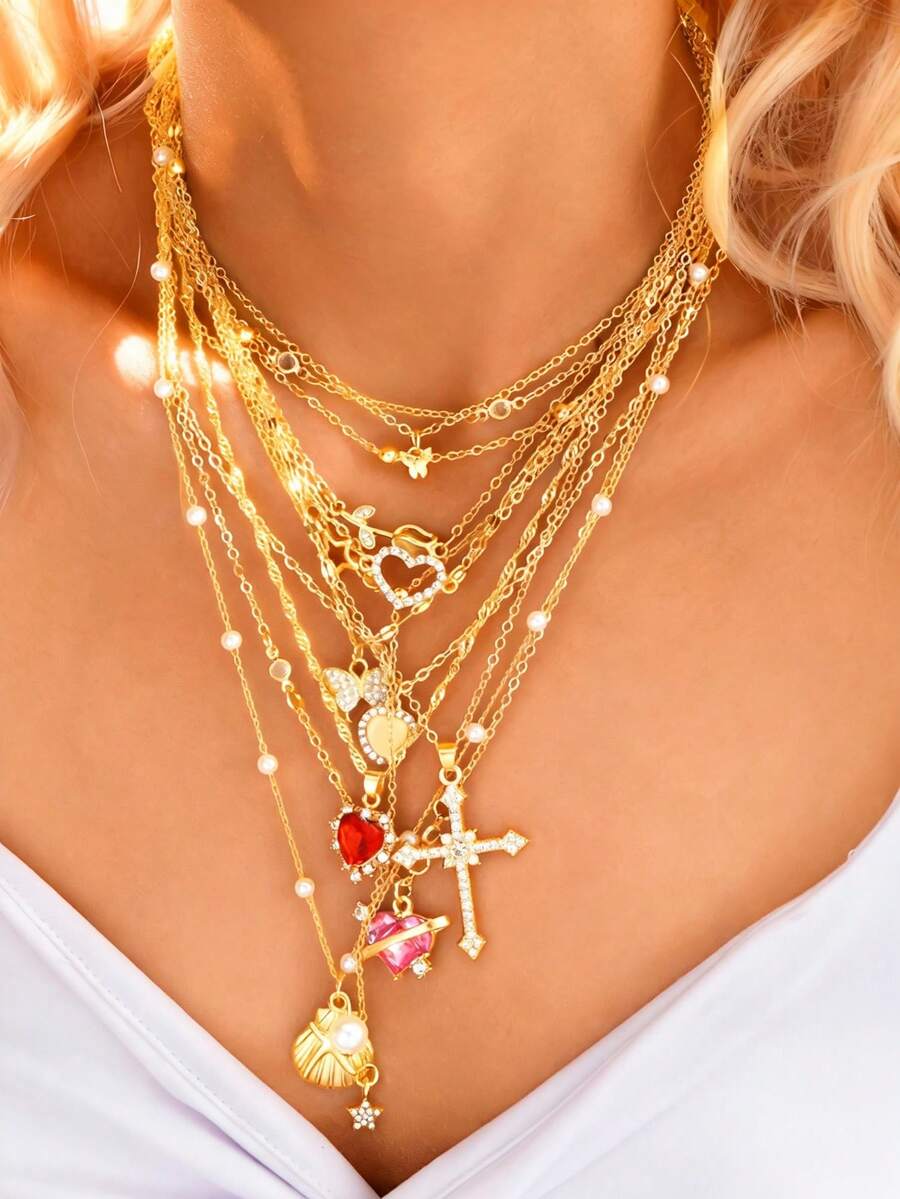 1-11pcs/Set Fashionable Y2K Crystal Heart, Butterfly, Rose Pendant Necklace, Boho Shell, KPOP Shiny Necklace Set, Women Jewelry Gift For Valentine's Day Party - Yellow Gold - View 1