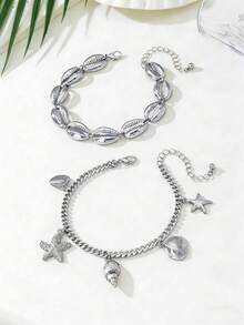 1 Set Fashionable Multi-Layer Chain & Shell Anklet, Women Summer Beach Holiday Gift - Silver - View 3