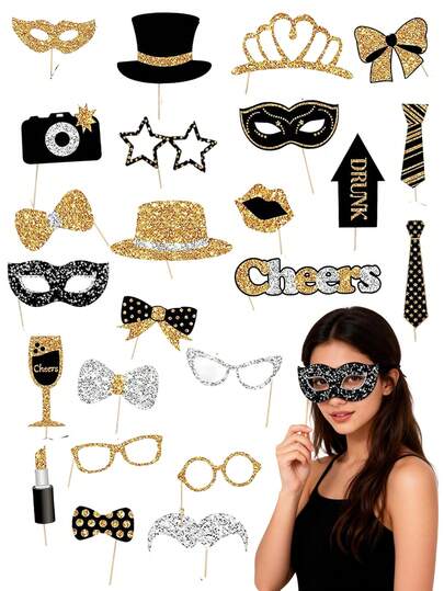 30pcs Black & Gold Wedding Party Photo Booth Props, Birthday Party Decorations, Suitable For Birthday, Wedding, Party, Disco Carnival, Including Hats, Lips, Ties, Crowns And Other Props For Photo Booth