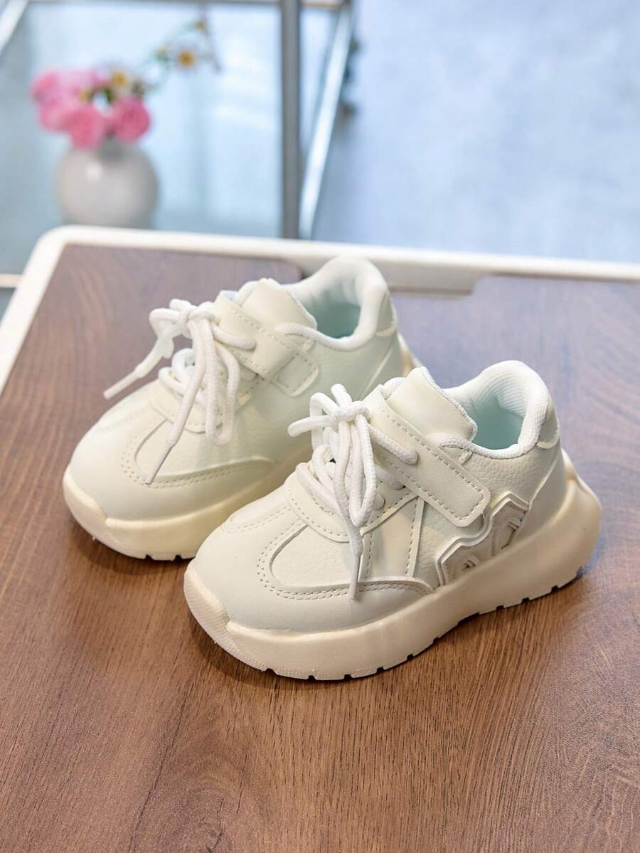 1 Pair White Spring New Children's Sports Shoes, Fashion Boys Casual Shoes, Hook And Loop Student Girls Running Shoes - White - View 1