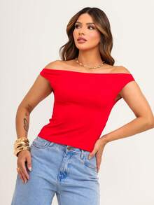 Women's Premium Basic Off-Shoulder Blouse, Elegant Casual Second Skin T-Shirt - Rojo - Ver 3