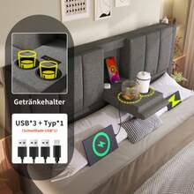 Upholstered Bed 140x200 Cm Double Bed With Hidden Cup Holder & Charging Station, Hydraulic Bed With Storage Space Under The Bed, Incl. Slatted Frame, Linen Grey (Without Mattress) - Grey - View 2