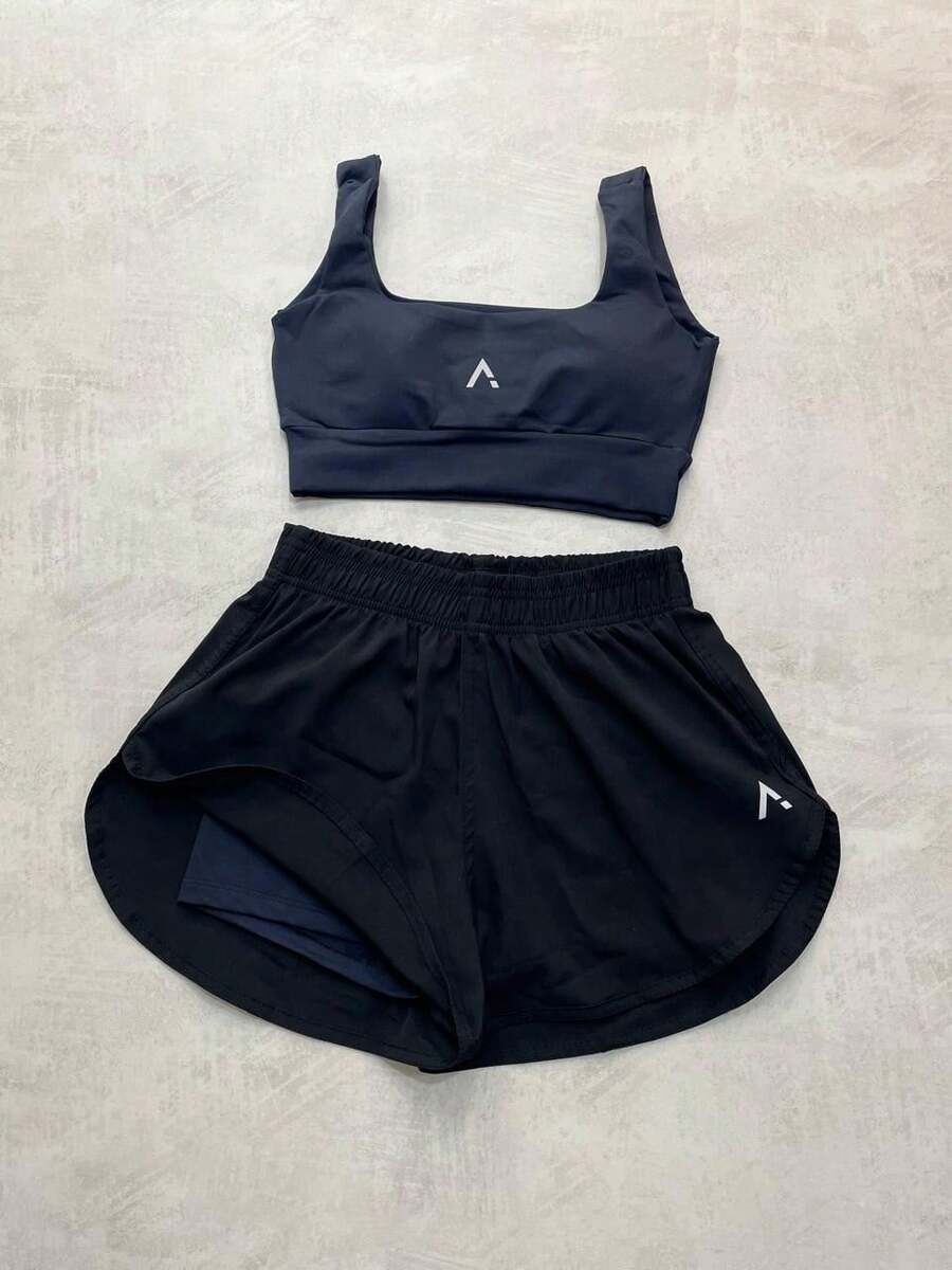 Camila Brand Set Consisting Of Loose-Fitting Double Shorts In Polyamide And Tech Fabric, And A Slim-Fit Fitness Top In Plus Sizes. - Black - View 1