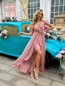 Fashion Daily Style Coral Orange V-Neck Flounce Sleeve Bridesmaid Gown Dresses - Pink - View 4