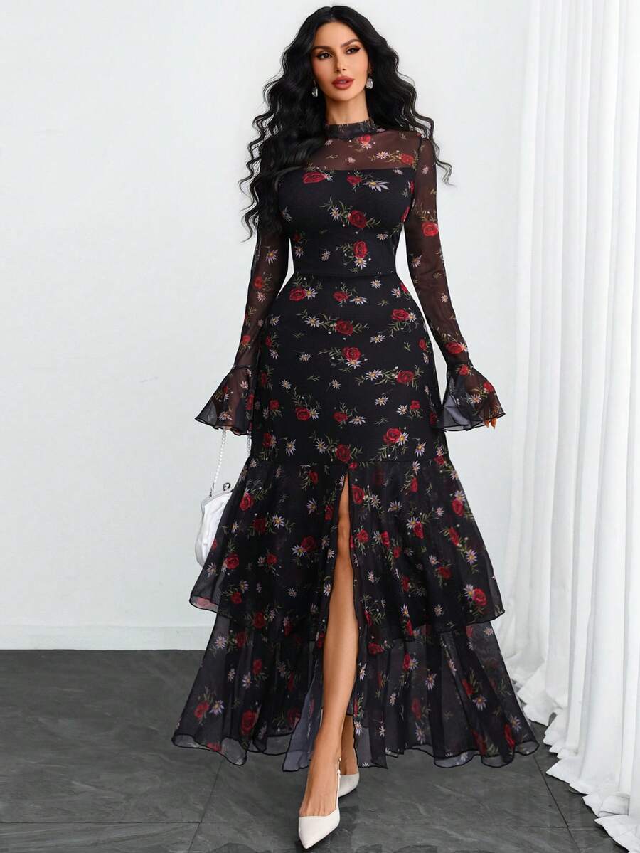 Đầm nữ lãng mạn, gợi cảm và thanh lịch với họa tiết chấm bi hiện đại, cổ đứng, xẻ tà đôi, nhiều lớp, thích hợp cho hẹn hò, du lịch và sinh hoạt thường ngày mùa xuân. - Nhiều màu - Xem 1