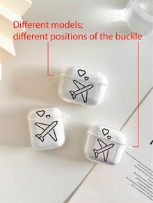 Black Airplane & Heart Painted Protective Case With Button Compatible With Apple 1/2/3/4, Transparent Soft Shell Cover Compatible With Airpods Pro 2nd/3rd/4th Gen Wireless Bluetooth Earphones, Suitable For Women - Multicolor - View 6