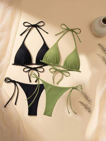 Women's Premium Matte Finish Modern Minimalist Sculptural Aesthetic Streamlined Profile Design Beach Resort Style Halter Low Waist Seamless Bikini Swimwear Set