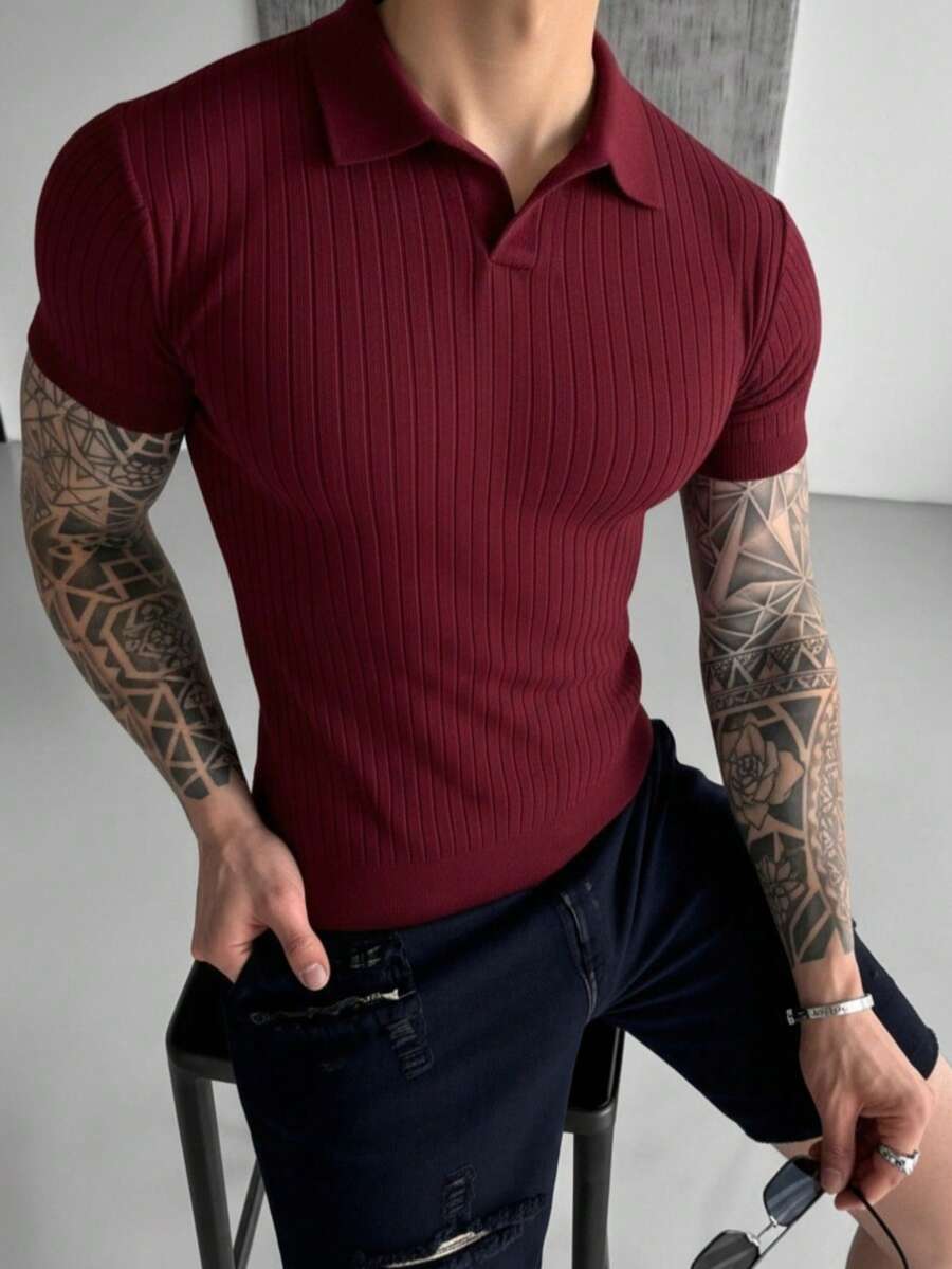 Men's Summer Fashion Ribbed Polo Knit Shirt Short Sleeve, Suitable For Business Activities And Daily Social Occasions - Burgundy - View 1