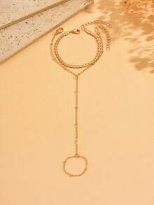 2pcs/Set Minimalist Gold Beaded Handmade Chain Finger Ring Bracelet, Fashionable & Elegant For Daily Wear And Photoshoot. The Handmade Chain Is Customized In Length With Random Number Of Beads. - Multicolor - View 2