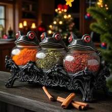 3pcs-1set, Witch Frog Apothecary Spice Jar With Gothic Style Base Handmade Vintage Classic Apothecary Jar With Frog Lid Kitchen Gothic Style Food Storage Container Unique Home Decoration For Spices, Herbs, Salts - Màu xanh lá cây đậm - Xem 4