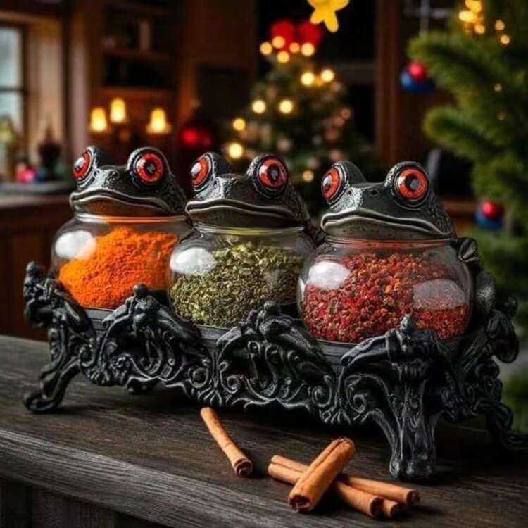 3pcs-1set, Witch Frog Apothecary Spice Jar With Gothic Style Base Handmade Vintage Classic Apothecary Jar With Frog Lid Kitchen Gothic Style Food Storage Container Unique Home Decoration For Spices, Herbs, Salts - Màu xanh lá cây đậm - Xem 4
