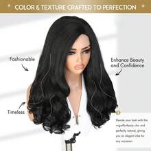 22英寸女士蕾丝分缝波浪卷发合成假发，无胶无缝全头卷发耐热合成编织假发，适合日常佩戴，黑色 - 黑色 - 查看 4