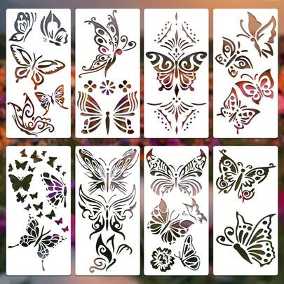 Bộ 8 khuôn mẫu bằng nhựa, thích hợp cho các dự án DIY thủ công, khuôn mẫu hình bướm có thể tái sử dụng, khuôn mẫu hoa tự nhiên bằng nhựa, áp dụng cho gỗ, tường, vải, đồ nội thất, sàn nhà, trang trí nhà cửa, biển hiệu gỗ DIY thủ công, thích hợp cho sổ lưu niệm, chế biến gỗ, vẽ tranh và nhật ký.