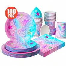 美人鱼主题一次性餐盘、餐巾纸、纸杯 - 一次性派对用品套装，可供25位客人使用，一次性纸盘，派对餐具，适用于生日、婚礼、主题派对、家庭野餐 - 彩色 - 查看 1