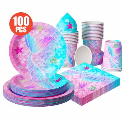 Jednorazowe talerzyki, serwetki, kubki w motywie syreny – zestaw na imprezę, dla 25 gości, jednorazowe papierowe talerzyki, zastawa stołowa na urodziny, wesele, imprezę tematyczną, piknik rodzinny