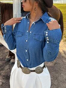 jinzarr 女士优雅花卉刺绣复古图案牛仔衬衫 - 中等水洗藍 - 查看 3