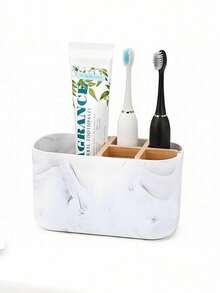 5-Slot White Marble Color Bathroom Toothbrush Holder, Electric Toothbrush & Toothpaste Rack For Vanity, Shower Area And Dressing Table. Matte Black Bathroom Toothbrush Holder, Electric Toothbrush Rack With Bamboo Divider. Children's Toothbrush And Toothpaste Storage Box, Suitable For Bathroom Countertop Accessories - White Imitation Toothbrush Holder/comb Holder - View 9
