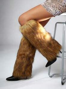 Women's Fluffy Fur Pointed Toe Stiletto Heels Knee High Boots Holiday Vacay Vibe For Elegant Fashionable Boots Spring Summer Party Evening Gala - 棕色 - 查看 2