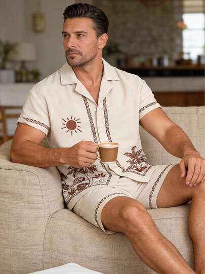 2pcs Men's Casual Fashion Set, Short Sleeve Full-Zip Shirt With 5 Buttons Graphic Print And Shorts, Vacation Relaxed Style, Fashionable And Versatile