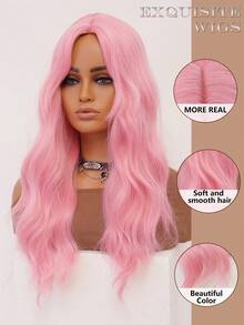 clouder Gothic Punk Pink Long Wavy Curly Wig 26-Inch Center-Parted Bangs Heat-Resistant Synthetic Fiber Wig Women's Soft And Fluffy Curls Perfect For Daily Cosplay, Street Style, Holiday Parties, Music Festivals, Y2K Aesthetic, Avant-Garde College Chic, Modern Fashion Punk Looks - 粉色 - 查看 8