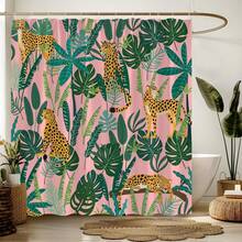 Leopard Shower Curtain Wildlife Animal Leopard Asian Pink Cheetah Tiger Tropi... - White - View 5