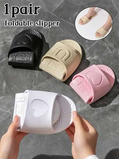 Eva Foldable Slippers For Travel,With Heart-Shaped And U-Shaped Patterns Indoor Bathroom Massage Sandals,Unisex Quick-Dry Non-Slip Flat Sole Slippers,Portable Anti Slip Silent Couple Slippers,Soft ,All-Season Simple Solid Color Slip-On Clogs,Suitable For Hotel Accommodation,Business Trips,Leisure Activities,Bathing,And Travel Essentials,4 Colors To Choose From