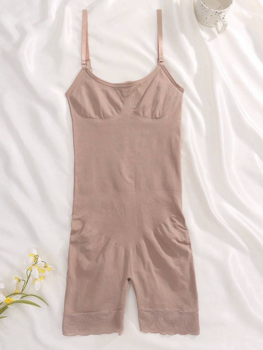 1pc Women's Seamless Lace Shaping Jumpsuit With Spaghetti Strap, Tummy Control, Bust Lift And Butt Lift - Apricot - View 1