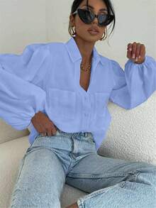 薄纱长袖复古时尚休闲优雅女式衬衫/上衣，适合春夏、节日/情人节穿着 - 天藍色 - 查看 9