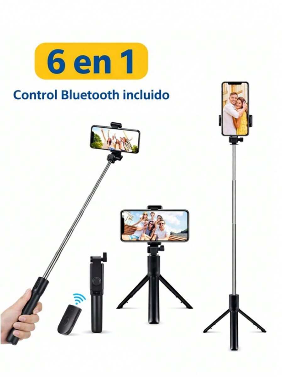 6-In-1 Adjustable Portable Tripod With Phone Holder, Bluetooth Control, And 360° Rotation; Compact Tripod For Selfies, Video, Photography, Streaming, Video Calls, And Content Creation - Black - View 1