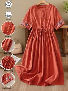 Embroidered Cinched Waist Linen Blend Midi Dress, Washed Jacquard, Slimming, Summer - Burnt Orange - View 1