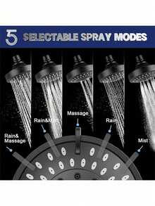 5档高压淋浴喷头 - 强力浴室淋浴喷头，高流量固定式喷头（哑光黑） - 黑色-1pc - 查看 10