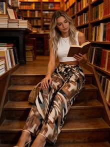 Women's Printed High Waist Wide Leg Pants - 棕色 - 查看 3