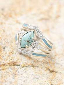 Women Hollow Turquoise Ring Delicate Rhinestone Engagement Wedding Anniversary Birthday Gift Jewelry For Her 2024 New  UWRV - Bạc - Xem 1