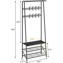 Coat Rack With Shoe Storage And Bench, Shoe Rack And Coat Rack – Hallway Bench With 5 Hooks, Multifunctional Wood-Grain Hallway Storage Rack With Metal Frame - Black - View 2