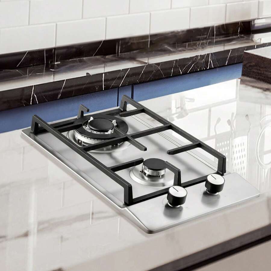 Gas Cooktop 12 Inch, Max 12250BTU 2 Burners Built-In Stainless Steel Gas Stove Top, LPG/NG Convertible Dual Fuel Natural Gas Hob With Thermocouple Protection For Outdoor, Kitchen, Camping, RV - Silver - View 1