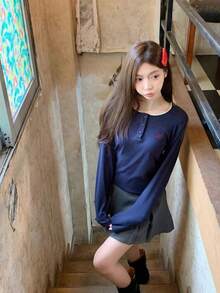 女士优雅韩版灰色刺绣长袖针织上衣，专为春秋季设计 - 藍色 - 查看 5