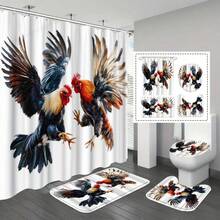 1 Piece Shower Curtain: Vibrant Rooster Midair With Detailed Feathers, Dynamic Digital Art, 12 Hooks, 70.8x70.8 Inches - Weaving Technique: Woven, Care Instructions: Air Dry, Included Components: Hooks, Curtain Material: Polyester, Curtain Theme: Landscape - MZ - View 2
