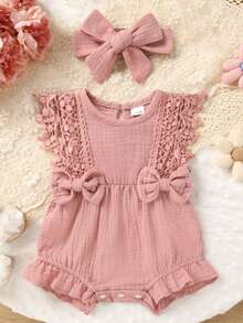 2pcs/Set, Baby Girl, Soft And Comfortable, Casual Elegant Fashionable Cute, Hollow Lace Tassel Trim And Bow Decoration, Pure Cotton Romper And Headband, Baby Girl Clothing, Newborn Baby Girl Clothing, Baby Supplies, Baby Clothing, Suitable For Summer Daily Wear, Party, Party, Home, Photography, Outdoor Activities - Multicolor - View 2