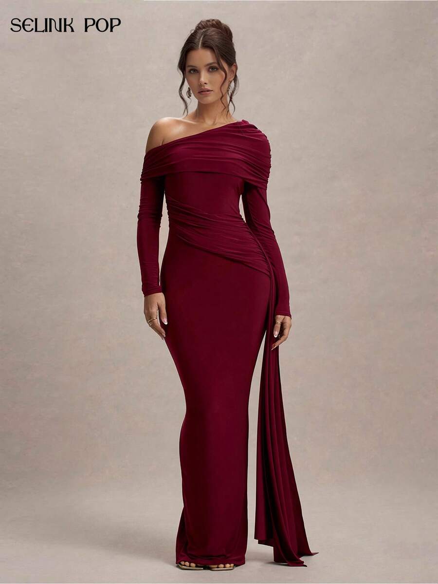 Đầm dài dệt kim thanh lịch dành cho nữ, tay dài, cổ áo bất đối xứng, chi tiết xếp ly, vạt đuôi cá, đầm dự tiệc. - Màu Đỏ Sâu - Xem 1