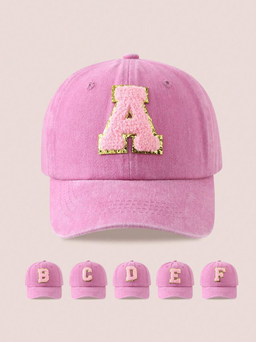 1pc Pink Letter Printed Washed Baseball Cap, Unisex Sun Hat Suitable For Outdoor Activities And Daily Wear, UV Protection - Pink Gold Label - Pink Washable Cap - View 1