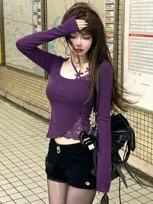 性感撞色蕾丝长袖T恤，修身剪裁，优雅时尚，春季必备 - 紫色 - 查看 4