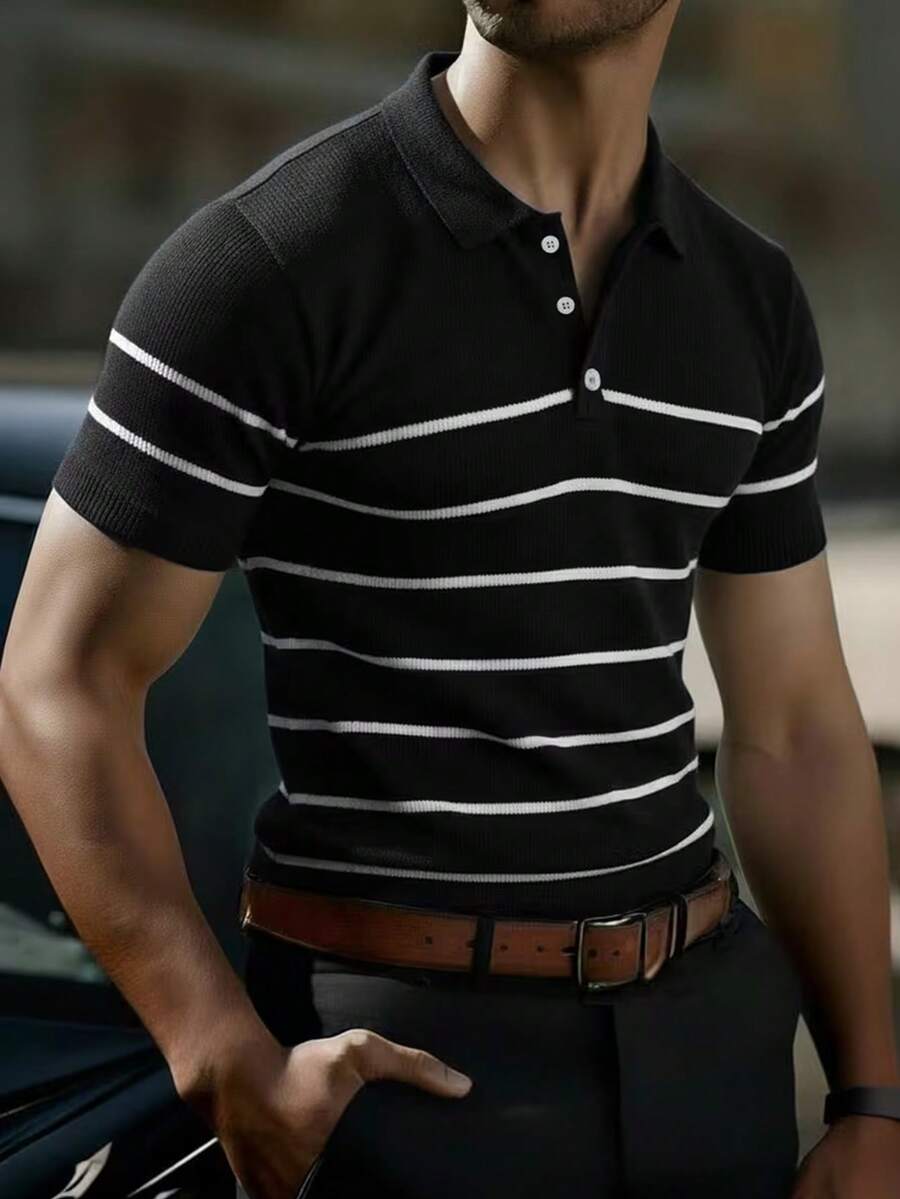1pc Men's Striped Polo Shirt, Cardigan Top With Collar And Buttons, Short Sleeve Sweater - Black and White - View 1