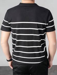 1pc Men's Striped Polo Shirt, Cardigan Top With Collar And Buttons, Short Sleeve Sweater - Black and White - View 2
