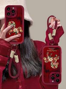 Fashionable & Cute Floral & Pony Design Phone Case With Lanyard, Suitable Compatible With Iphone 17 Pro Max/17 Pro/17 Air/17 New, 16 Pro, High-End 15 Plus/14 Pro, Chinese Style 13/12/11, Full-Body Protective Cover - Red - View 3