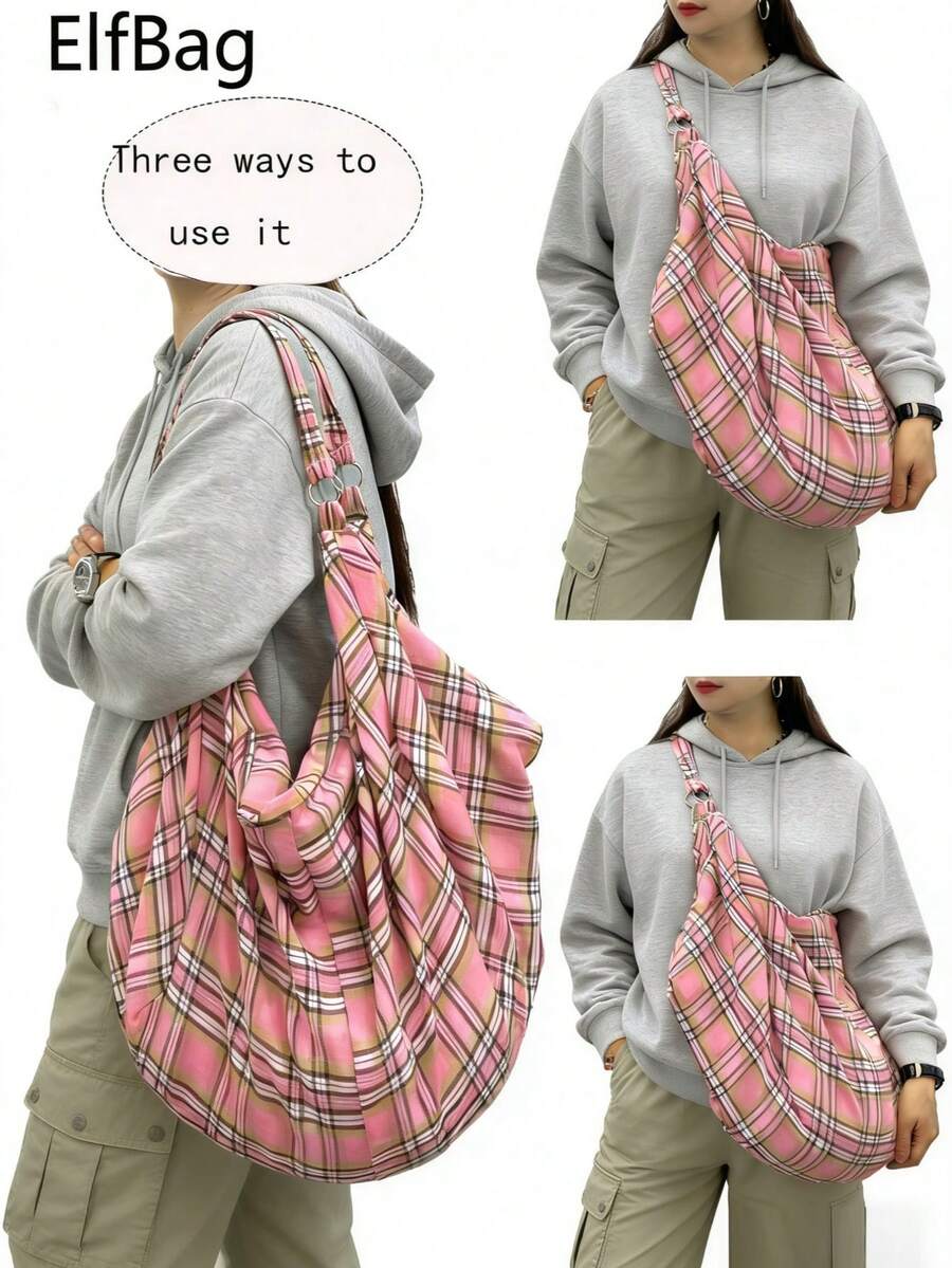 Large Capacity Plaid Pattern Shoulder Bag, New Spring/Summer Ladies Crossbody Bag, Zippered Fabric Bag, Casual Versatile Tote Bag, Suitable For Work, Study, Travel - Pink - View 1
