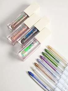 Kit Lápis e Sombra Líquida Holográfica - Linha Aurora de Luisance - Maquiagem carnaval, delineador colorido e à prova d'água, sombras coloridas - Lápis Dourado + Sombra Aurora Boreal - Visão 1