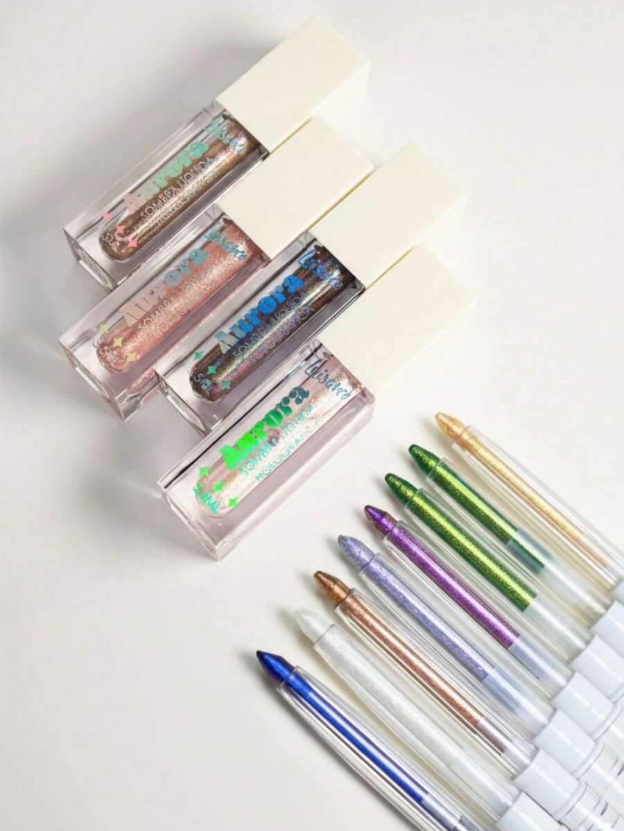 Kit Lápis e Sombra Líquida Holográfica - Linha Aurora de Luisance - Maquiagem carnaval, delineador colorido e à prova d'água, sombras coloridas - Lápis Dourado + Sombra Aurora Boreal - Visão 1