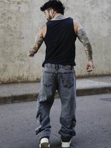 Men's Cargo Jeans With Multiple Pockets And No Elastane. - Màu đen vân đá - Xem 3