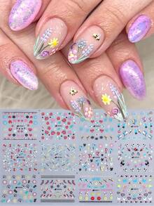 ملصقات أظافر بتصميم الأزهار والفراشات ثلاثية الأبعاد 12 تصميم/ورقة، ورود ملونة وزاهية، أقحوان، فراشات، قلوب، دانتيل، خطوط، بتلات، أوراق، طباعات زهرية، رسوم كرتونية للربيع والصيف، ملحقات فنون الأظافر لاصقة ذاتيًا للسيدات والفتيات، هدايا - متعدد الألوان - مشاهدة 10