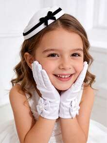 2 Pcs Girls' White Satin Gloves & Pillbox Hat Set With Bowknot, Elegant Tea Party/Wedding/Communion Accessories - Hats and Gloves - View 3